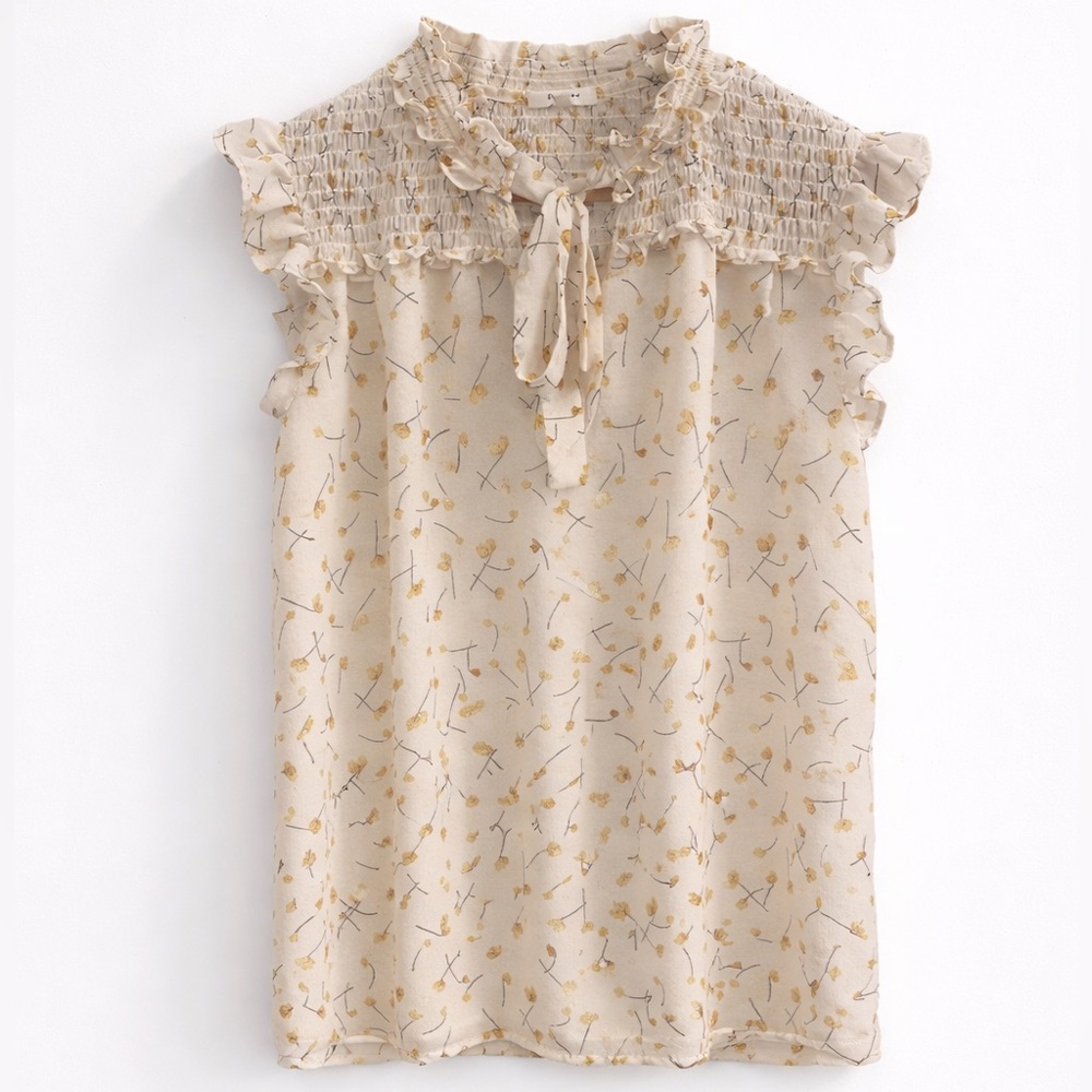 Pleione Cream Floral Smocked Yoke Blouse Tie Neck Ruffle Cap Sleeve Top Size S